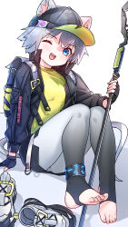 Rule 34 | 1girl, absurdres, animal ears, arknights, blue eyes, click (arknights), feet, fingerless gloves, gloves, grey hair, hat, highres, holding, holding staff, infection monitor (arknights), mouse ears, mouse tail, one eye closed, open mouth, phi str, simple background, sitting, solo, staff, stirrup legwear, tail, teeth, toeless legwear, toes, upper teeth only