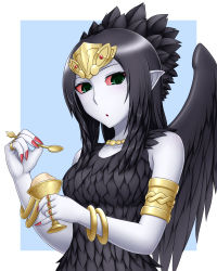 Rule 34 | 1girl, :o, armband, bare shoulders, black dress, black hair, black wings, blue background, body blush, bracelet, collarbone, colored sclera, cup, dress, duel monster, emblem, fabled grimro, feathers, female focus, fingernails, food, green eyes, holding, ice cream, jewelry, long fingernails, long hair, long image, looking at viewer, lots of jewelry, monster girl, multicolored background, multicolored eyes, nail polish, necklace, open mouth, pale skin, pataneet, pointy ears, red nails, red sclera, ring, simple background, solo, spoon, tall image, tiara, two-tone background, updo, upper body, white background, wings, yu-gi-oh!, yu-gi-oh! duel monsters