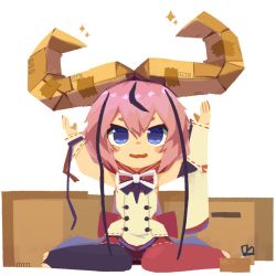 Rule 34 | 1other, arms up, asymmetrical legwear, asymmetrical sleeves, barefoot, black legwear, blue eyes, box, bridal legwear, cardboard box, chibi, collar, collared shirt, commentary, fake horns, full body, highres, horns, japanese clothes, konohoshi, long hair, looking up, meika hima, meika hime, miniskirt, mismatched legwear, neck ribbon, papercraft, pink hair, red collar, red legwear, red skirt, ribbon, sailor collar, scissors, shirt, simple background, sitting, skirt, sleeveless, sleeveless shirt, smile, solo, sparkle, symbol-only commentary, very long hair, vocaloid, wariza, wavy mouth, white background, white ribbon, white shirt, white sleeves, wrist cuffs