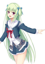Rule 34 | 1girl, :d, absurdres, blue ribbon, blunt bangs, blunt ends, blush, bow, chinese commentary, commentary request, cowboy shot, cropped jacket, frilled skirt, frills, green hair, green jacket, green skirt, hair ribbon, happy, highres, hime cut, jacket, long hair, looking at viewer, miniskirt, murasame (senren), official alternate costume, open clothes, open jacket, open mouth, outstretched arm, red bow, red eyes, ribbon, sailor collar, school uniform, senren banka, serafuku, shu pian, sidelocks, simple background, skirt, smile, solo, straight hair, tsurime, two side up, very long hair, white background, white sailor collar