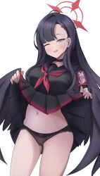 Rule 34 | 1girl, absurdres, armband, bamiyanpixel, black hair, black panties, black sailor collar, black serafuku, black skirt, black wings, blue archive, blush, clothes lift, cowboy shot, feathered wings, grey eyes, groin, hair ornament, hairclip, halo, highres, ichika (blue archive), lifted by self, long hair, long sleeves, low wings, navel, neckerchief, one eye closed, open mouth, panties, red armband, red halo, red neckerchief, safety pin, sailor collar, school uniform, serafuku, skirt, skirt lift, smile, solo, underwear, wings