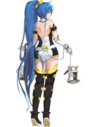 Rule 34 | 1girl, anime revolution, armband, ass, back, bare shoulders, belt, blue hair, boots, cable, dual wielding, elbow gloves, fingerless gloves, from behind, full body, gloves, hair ribbon, high heel boots, high heels, high ponytail, holding, legs together, long hair, looking back, mascot, megaphone, nose, original, panties (pantsu-pirate), pigeon-toed, purple eyes, ribbon, senkaku mei, simple background, smile, solo, standing, thigh boots, thighhighs, very long hair