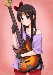 Rule 34 | 1girl, akiyama mio, black bra, black gloves, bow, bra, bra strap, brown hair, closed mouth, clothes writing, collarbone, commentary request, cowboy shot, een941, electric guitar, gloves, gradient background, guitar, hair bow, highres, holding, holding guitar, holding instrument, instrument, k-on!, light blush, long hair, looking at viewer, pants, purple eyes, purple shirt, red bow, red pants, shirt, signature, smile, solo, split mouth, standing, underwear