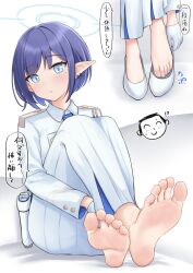 Rule 34 | 1girl, aoi (blue archive), barefoot, blue archive, blue eyes, blue hair, blush, dark blue hair, feet, highres, hinosaki, looking at viewer, medium hair, pointy ears, sensei (blue archive), shoes, unworn shoes, soles, toes, translated