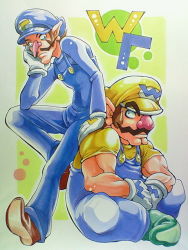 Rule 34 | 2boys, anei, brothers, brown hair, facial hair, gloves, hat, head rest, leaning on person, long nose, male focus, mario (series), marker (medium), multiple boys, muscular, mustache, nintendo, overalls, red nose, siblings, sitting, traditional media, waluigi, wario, white gloves