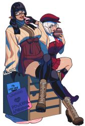 Rule 34 | 2girls, absurdres, au ra, belt, beret, black-framed eyewear, black hair, black socks, blue eyes, boots, borrowed character, box, breasts, brown footwear, commentary, commission, commissioner upload, cross-laced footwear, dark-skinned female, dark skin, dragon girl, dragon horns, dress, elezen, elf, english commentary, fictional persona, final fantasy, final fantasy xiv, glasses, hat, heart-shaped box, high-waist skirt, highres, horns, kneehighs, korean text, lace-up boots, large breasts, lilirulu, lips, lipstick, makeup, multiple girls, nysoph ageskel, on box, pleated dress, pointy ears, potion, red dress, red footwear, rimi kalathai, second-party source, semi-rimless eyewear, silver hair, sitting, sitting on box, skirt, socks, thighhighs, under-rim eyewear, warrior of light (ff14), wide sleeves