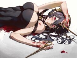 Rule 34 | 1girl, arm up, bare shoulders, black dress, black hair, blood, blood on face, blood on hands, breasts, cozyu, dress, hair ornament, highres, knife, large breasts, long hair, lying, on back, parted lips, red eyes, solo, spy x family, yor briar