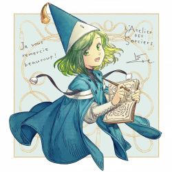 Rule 34 | 1girl, :d, artist request, book, coco (tongari boushi no atelier), copyright name, drawing, dress, french text, green eyes, green hair, happy, hat, highres, looking at viewer, medium hair, open mouth, pen, signature, smile, solo, source request, tongari boushi no atelier, translated, witch, witch hat