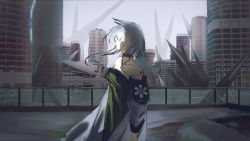 Rule 34 | 1girl, absurdres, animal ears, arknights, armband, bare shoulders, blurry, blurry background, broken glass, building, cat ears, choker, city, coat, from side, glass, highres, kal&#039;tsit (arknights), long sleeves, looking away, looking to the side, mackia, material growth, medium hair, messy hair, oripathy lesion (arknights), railing, scenery, sidelocks, solo, standing, upper body, white hair