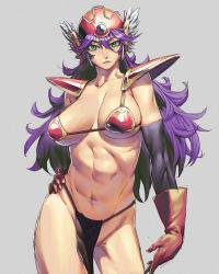 Rule 34 | 1girl, abs, armor, bikini armor, breasts, chunsoft, chyko7080, cleavage, dragon quest, dragon quest iii, elbow gloves, enix, female focus, gloves, green eyes, hand on own hip, helmet, hip focus, large breasts, loincloth, long hair, muscular, navel, purple hair, simple background, sketch, soldier (dq3), solo, underboob, very long hair