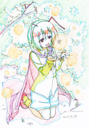 Rule 34 | 1girl, :d, antennae, blouse, bug, bush, cape, colored pencil (medium), dated, firefly, graphite (medium), green hair, highres, insect, kneeling, long sleeves, looking at viewer, makicha (sasurainopink), open mouth, red eyes, red footwear, shirt, shoes, shorts, smile, socks, solo, touhou, traditional media, wriggle nightbug, yellow socks