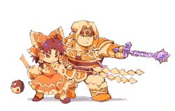 Rule 34 | 1boy, 1girl, ahoge, armor, ascot, attack, between fingers, boots, bow, bracer, brown hair, castlevania (series), chain whip, chibi, commentary, crossover, detached sleeves, english commentary, flail, frilled skirt, frills, frown, full body, fur-trimmed boots, fur trim, gohei, hair bow, hair ornament, hakurei reimu, headband, holding, holding weapon, jeto (jetopyon), limited palette, long sleeves, medium hair, morning star, ofuda, orb, outstretched arm, red shirt, red skirt, shirt, shoes, shoulder armor, simon belmont, simple background, skirt, touhou, twitter username, v-shaped eyebrows, weapon, whip, white background, wide sleeves, yin yang, yin yang orb