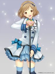 Rule 34 | 1girl, :d, blazer, bow, brown eyes, brown hair, frilled skirt, frills, hair bow, hairband, holding, ilog, looking at viewer, microphone stand, nakajyo ako, occhan (11715), official art, open mouth, short hair, skirt, smile, solo, thighhighs, zettai ryouiki