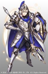 1boy armor armored_boots armored_gloves black_pants blonde_hair blue_eyes boots full_body grey_background grimms_notes helmet holding holding_polearm holding_shield holding_weapon male_focus official_art pants polearm scar scar_on_face shield solo t-track weapon white_background white_knight_(grimms_notes)