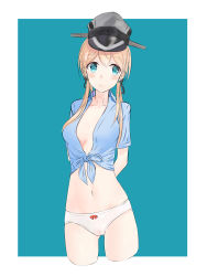 Rule 34 | 10s, 1girl, absurdres, blonde hair, blouse, blue eyes, blue shirt, blush, breasts, cleavage, dabaizhao, grey hat, hair between eyes, hat, highres, kantai collection, medium breasts, navel, no bra, open clothes, open shirt, panties, prinz eugen (kancolle), shirt, smile, solo, standing, stomach, underwear, white background, white panties