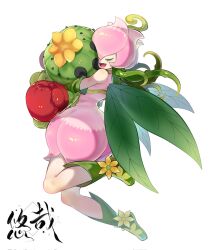 Rule 34 | 1girl, :d, bare shoulders, boxing gloves, character request, check character, closed eyes, corrupted twitter file, digimon, digimon (creature), dress, full body, gloves, green footwear, green gloves, green wings, highres, hug, leaf wings, lilimon, open mouth, pink dress, pink hair, short hair, smile, togemon, two-tone dress, two-tone headwear, wings, youzaiyouzai112