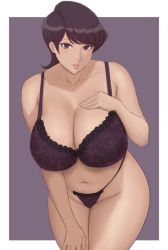 Rule 34 | 1girl, bare arms, bare shoulders, black hair, border, bra, breasts, cleavage, collarbone, cowboy shot, floral print, hand on own chest, highleg, highleg panties, highres, huge breasts, komi-san wa komyushou desu, komi shuuko, leaning forward, light blush, lingerie, lips, looking at viewer, ma mi fe, mature female, navel, outside border, panties, parted lips, purple background, purple bra, purple eyes, purple panties, short hair, simple background, smile, solo, standing, thick thighs, thighs, underwear, underwear only, white border