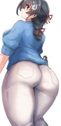 Rule 34 | 2girls, arched back, ass, blue shirt, breasts, commentary, cowboy shot, from behind, hair flaps, hair ornament, highres, huge ass, jingei (kancolle), kantai collection, large breasts, looking back, low ponytail, mini person, minigirl, multiple girls, official alternate costume, pants, pocket, puffy short sleeves, puffy sleeves, red eyes, shirt, short sleeves, symbol-only commentary, utopia, whale hair ornament, white background, white pants