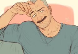 Rule 34 | 1boy, aaron gruber (o natsuo88), arm hair, bara, beard stubble, blue sweater, chest hair peek, facial hair, facial scar, grey hair, hand on own head, looking at another, male focus, mature male, mustache, o natsuo88, old, old man, original, receding hairline, scar, scar on cheek, scar on face, shirt, short hair, simple background, smile, solo, stubble, sweater, thick eyebrows, thick mustache, upper body, wrinkled skin
