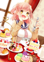 Rule 34 | + +, 1girl, beige cardigan, blueberry, blush, breast rest, breasts, brown eyes, cake, cardigan, cat, commentary request, cup, day, drooling, food, fork, fruit, hand on own cheek, hand on own face, hazuki natsu, heart, highres, holding, holding fork, indoors, long sleeves, macaron, medium breasts, medium hair, neckerchief, original, pastry, pink hair, pink neckerchief, plate, school uniform, serafuku, strawberry, strawberry shortcake, sweets, table, teapot, tiered tray, twitter username, two side up, window