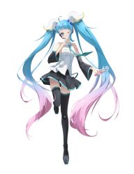 Rule 34 | 1girl, absurdres, ahoge, ayesha618, black skirt, black thighhighs, blue eyes, blue hair, commentary, cosplay, cure sky, detached sleeves, eyelashes, gradient hair, hair ornament, happy, hatsune miku, hatsune miku (cosplay), highres, hirogaru sky! precure, long hair, looking at viewer, magical girl, multicolored hair, necktie, one eye closed, pink hair, precure, simple background, skirt, smile, solo, sora harewataru, standing, streaked hair, thighhighs, thighs, twintails, two-tone hair, very long hair, vocaloid, white background