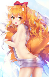 Rule 34 | 1girl, :o, animal ears, ass, bare arms, bare back, bare shoulders, blush, bow, breasts, butt crack, cowboy shot, fox ears, fox tail, from behind, grey ribbon, grey sweater, hair bow, highres, long hair, looking at viewer, looking back, meme attire, multiple tails, naked sweater, open mouth, orange hair, original, red bow, ribbed sweater, shiny skin, sideboob, sleeveless, small breasts, solo, squchan, sweater, tail, tareme, thighs, virgin killer sweater, wavy hair, yellow eyes