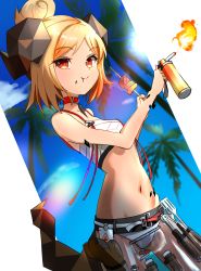Rule 34 | 1girl, arknights, bikini, blonde hair, blowtorch, chewing, choker, cloud, commentary request, dutch angle, fire, flat chest, food, food on face, fork, hair bun, highres, holding, horns, ifrit (arknights), ifrit (sunburn) (arknights), looking at viewer, material growth, navel, official alternate costume, originium (arknights), oripathy lesion (arknights), oven mitts, palm tree, see-through, shirokuma1414, short hair, single hair bun, skewer, sky, smile, solo, spatula, standing, stomach, sunlight, swimsuit, tail, tree, white bikini