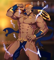 Rule 34 | 1boy, abs, bara, bare pectorals, blonde hair, blue hair, blurry, blurry background, bulge, cropped legs, dark blue hair, facial hair, flexing, floating, floating object, goatee, gyee, hand on own hip, large pectorals, lightning, long sideburns, lvlv, male focus, multicolored hair, muscular, navel, nipples, orange eyes, pectorals, pelvic curtain, pointy ears, raikoh (paradiso guardian), revealing clothes, short hair, sideburns, smile, solo, thick thighs, thighs, veins