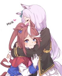 Rule 34 | 2girls, animal ears, black jacket, blush, brown hair, closed mouth, commentary request, english text, epaulettes, closed eyes, fang, fang out, frilled jacket, frilled sleeves, frills, hair ribbon, heart, highres, horse ears, horse girl, horse tail, hug, jacket, long hair, long sleeves, mejiro mcqueen (umamusume), multiple girls, pink ribbon, ponytail, profile, purple hair, ribbon, simple background, sleeves past wrists, smile, tail, tokai teio (umamusume), umamusume, very long hair, white background, white jacket, yuzip