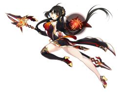Rule 34 | 1girl, ahoge, ara haan, ara han, black footwear, black gloves, black hair, boots, brown eyes, dress, elsword, full body, gloves, holding, holding weapon, leg up, long hair, looking at viewer, magic, official art, open mouth, polearm, solo, thigh boots, thighhighs, transparent background, weapon, yama raja (elsword)