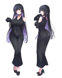 Rule 34 | 1girl, ass, black choker, black dress, black footwear, black hair, bocchi the rock!, breasts, choker, cleavage, closed mouth, clothing cutout, colored inner hair, commentary request, covered navel, dress, from behind, full body, grey eyes, high heels, highres, large breasts, long hair, looking at viewer, looking back, multicolored hair, pa-san, purple hair, shoulder cutout, simple background, skin tight, sleeves past fingers, sleeves past wrists, smile, solo, standing, straight hair, white background, wide hips, yoru0409
