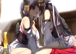 Rule 34 | 10s, 2girls, alcohol, arm up, bare shoulders, black hair, blindfold, blush, bottle, breasts, cherry, cleavage, detached sleeves, food, fruit, fusou (kancolle), hair ornament, incest, kantai collection, large breasts, long hair, multiple girls, nontraditional miko, obi, rayn, red eyes, sake bottle, sash, shared food, short hair, siblings, sisters, skirt, skirt around one leg, tongue, tongue out, yamashiro (kancolle), yuri