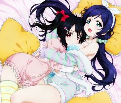 Rule 34 | 10s, 2girls, :d, absurdres, bed, black hair, blue hair, bow, bra, cardigan, green eyes, hair bow, hair ornament, hairband, hairclip, hand on head, highres, huge filesize, long hair, love live!, love live! school idol festival, love live! school idol project, low twintails, lying, multiple girls, non-web source, official art, on side, open mouth, red eyes, shorts, smile, striped clothes, striped legwear, striped shorts, striped thighhighs, thighhighs, tojo nozomi, twintails, underwear, very long hair, yazawa nico, yuri
