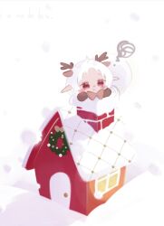 Rule 34 | 1girl, animal ears, antlers, bow, brown bow, chibi, chimney, christmas, christmas wreath, elf, highres, horns, house, mushoku tensei, ne ko ko, pointy ears, pout, red eyes, reindeer antlers, short hair, snow, snowing, solo, squiggle, sylphiette (mushoku tensei), white background, white hair, wreath