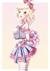 Rule 34 | 1girl, blonde hair, blush, cheerleader, collarbone, crop top, frills, gradient hair, green eyes, hair ornament, highres, holding, holding pom poms, hololive, izuko (iduko3), long hair, looking at viewer, midriff, momosuzu nene, momosuzu nene (cheerleader), multicolored hair, open mouth, pink background, pink hair, pom pom (cheerleading), pom poms, skirt, solo, sticker on face, virtual youtuber