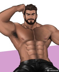 Rule 34 | 1boy, abs, absurdres, akunaakun (kunkun586586), armpit hair, armpits, bara, beard, borrowed character, chest hair, dark-skinned male, dark skin, dopey (dopq) style, facial hair, hairy, highres, large pectorals, looking at viewer, male focus, mature male, muscular, muscular male, mustache, navel, navel hair, nipples, original, pectorals, seductive smile, short hair, smile, solo, stomach, thick eyebrows, topless male