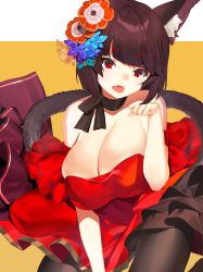 Rule 34 | 1girl, animal ear fluff, animal ears, azur lane, bare shoulders, black hair, black pantyhose, breasts, cat ears, cat tail, cleavage, dress, fang, flower, hair flower, hair ornament, highres, j na, kneeling, large breasts, looking at viewer, open mouth, pantyhose, paw pose, red dress, red eyes, short hair, solo, strapless, strapless dress, tail, yamashiro (azur lane), yamashiro (dressy black cat) (azur lane)