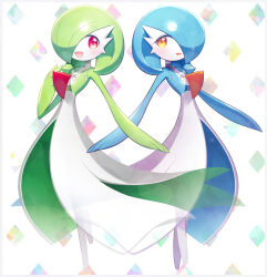 Rule 34 | alternate color, blue hair, bob cut, colored skin, creatures (company), dress, game freak, gardevoir, gen 3 pokemon, green hair, hair over one eye, jewelry, looking at viewer, lotosu, mega stone, multicolored skin, necklace, nintendo, open mouth, orange eyes, pink eyes, pokemon, pokemon (creature), shiny pokemon, smile, two-tone skin, white dress, white skin