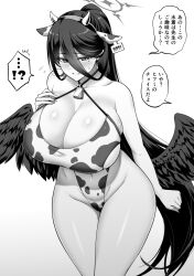 Rule 34 | 1girl, animal ears, animal print, bell, black hair, black wings, blue archive, blush, breasts, cleavage, clenched teeth, collarbone, cow ears, cow horns, cow print, cowbell, criss-cross halter, fake animal ears, fake horns, hair between eyes, hairband, halo, halterneck, hasumi (blue archive), highleg, highleg swimsuit, highres, horns, huge breasts, kanno takanori, long hair, looking at viewer, monochrome, one-piece swimsuit, ponytail, revealing clothes, solo, sweat, swimsuit, teeth, translation request, very long hair, wings