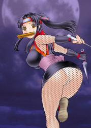 1girl ass black_eyes black_hair breasts female_focus huge_ass huge_breasts kunai looking_back ninja original panties ponytail solo tamaki_nozomu underwear weapon white_panties