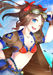 Rule 34 | 1girl, bikini, bikini top only, blue eyes, blue shorts, blue sky, blush, breasts, brown gloves, brown hair, collarbone, fate/grand order, fate (series), fingerless gloves, forehead, gloves, goggles, hair ribbon, highres, jewelry, leonardo da vinci (fate), leonardo da vinci (swimsuit ruler) (fate), long hair, looking at viewer, necklace, one eye closed, open mouth, parted bangs, puffy short sleeves, puffy sleeves, red bikini, red ribbon, ribbon, short shorts, short sleeves, shorts, shrug (clothing), sidelocks, sky, small breasts, smile, solo, swimsuit, twintails, zinku0206