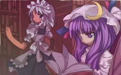 Rule 34 | 2girls, alphes, book, bookshelf, crescent moon, female focus, immaterial and missing power, izayoi sakuya, jpeg artifacts, library, maid, maid headdress, moon, multiple girls, open book, patchouli knowledge, purple eyes, purple hair, reading, touhou, voile, white hair