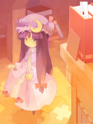 Rule 34 | 1girl, blunt bangs, book, book stack, bow, crescent, expressionless, female focus, full body, hair bow, indoors, jitome, library, long hair, long sleeves, looking at viewer, low-tied long hair, patchouli knowledge, purple eyes, purple hair, shirohanamame taichou, shirohanamametaichou, solo, standing, touhou, very long hair, voile