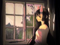 Rule 34 | 1girl, bare shoulders, black hair, closed mouth, dress, frown, highres, horns, kumaartsu, long hair, looking at viewer, mole, mole under eye, off shoulder, original, sleeveless, solo, upper body, white dress, window, yellow eyes