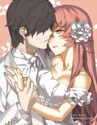 Rule 34 | 1boy, 1girl, 92m, bare shoulders, breast press, breasts, bride, cleavage, couple, dress, face-to-face, formal, grey eyes, hair ornament, hetero, hug, jewelry, long hair, megurine luka, nail polish, pink hair, ring, smile, very long hair, vocaloid, wedding, wedding band, wedding dress, wedding ring