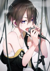 Rule 34 | 1girl, black jacket, breasts, brown hair, cable, cigarette, earrings, jacket, jewelry, looking at viewer, microphone stand, nilitsu, open mouth, original, purple eyes, shirt, short hair, small breasts, smoke, smoking, solo, tank top, white shirt