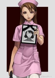 Rule 34 | 1girl, ace attorney, bad id, bad pixiv id, bags under eyes, brown hair, capcom, gun, hat, iei, ini miney, long hair, looking at viewer, lotter75, mimi miney, nurse, nurse cap, pantyhose, phoenix wright: ace attorney - justice for all, photo (object), red eyes, smile, solo, spoilers, weapon