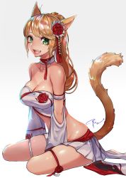 Rule 34 | 1girl, animal ears, warrior of light (ff14), bare shoulders, blonde hair, breasts, cat ears, cat tail, choker, cleavage, crop top, detached sleeves, final fantasy, final fantasy xiv, green eyes, hair ornament, highres, large breasts, leg ribbon, looking at viewer, miqo&#039;te, open mouth, pleated skirt, ponytail, potion lilac(popopotionu), ribbon, simple background, sitting, skirt, slit pupils, solo, tail, thigh ribbon
