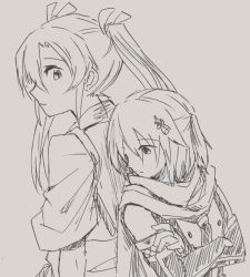 Rule 34 | 2girls, bare shoulders, greyscale, hair ornament, hair ribbon, japanese clothes, kantai collection, long hair, monochrome, multiple girls, nda-p (threelow), ribbon, scarf, sendai (kancolle), simple background, twintails, two side up, zuikaku (kancolle)