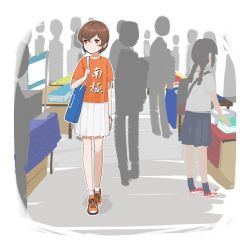 Rule 34 | 2girls, 6+others, bag, braid, brown hair, clothes writing, commentary request, kantai collection, long hair, multiple girls, multiple others, official alternate costume, one-hour drawing challenge, orange eyes, orange footwear, orange shirt, pleated skirt, shirt, shoes, shopping bag, single braid, skirt, sneakers, solo focus, souya (kancolle), souya agb (kancolle), white skirt, yamashichi (mtseven)